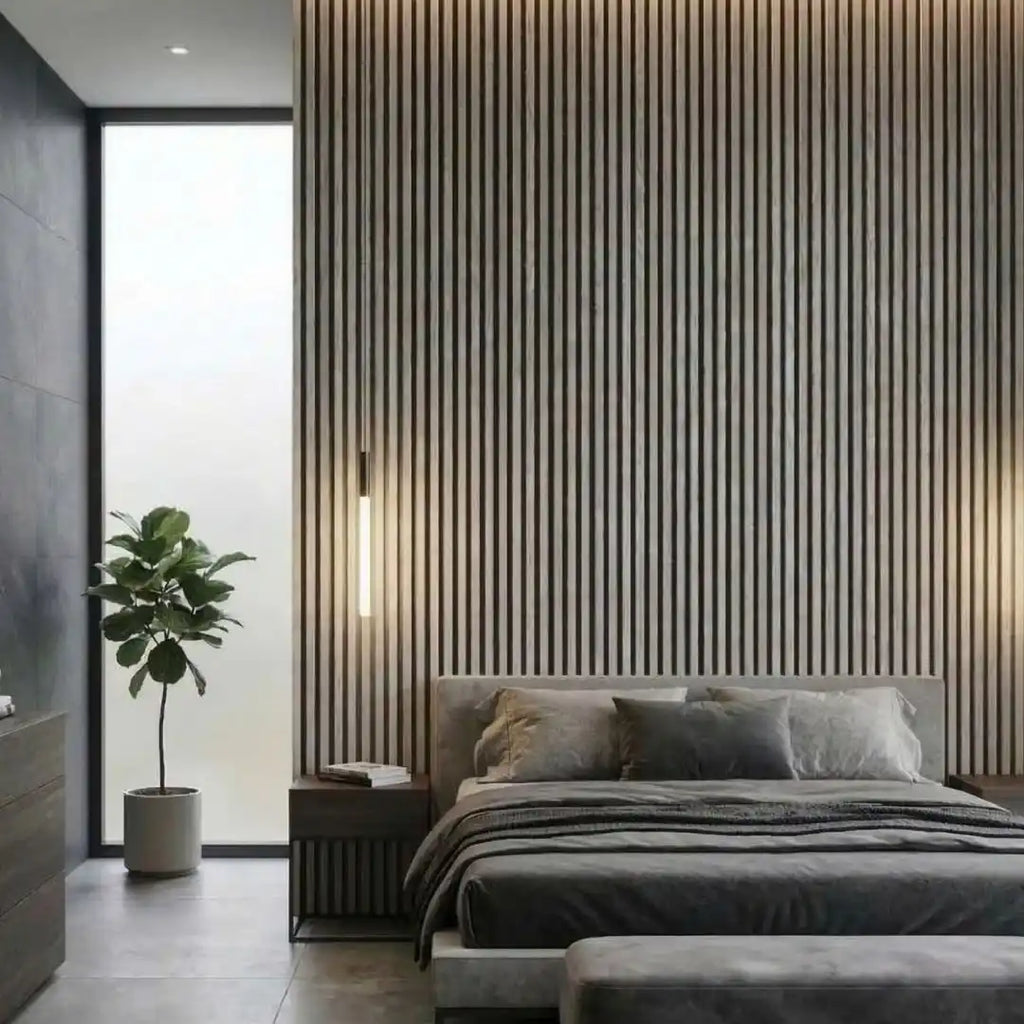 NU Wall Palm grey oak and black waterproof wall panel pack of 4, modern textured wall panel for interior decor.