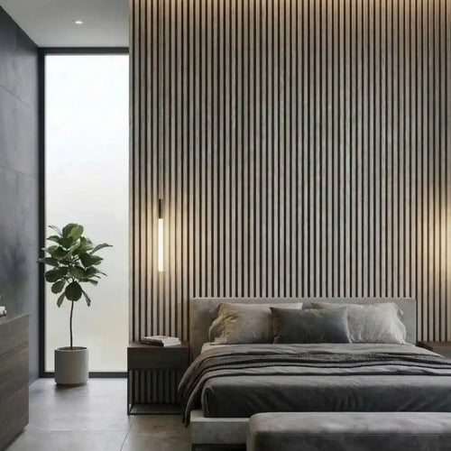 NU Wall Palm grey oak and black waterproof wall panel pack of 4, modern textured wall panel for interior decor.