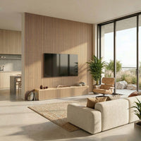 NU Wall Palm waterproof wall panels in light oak and black, pack of 4, showing textured wood grain design.