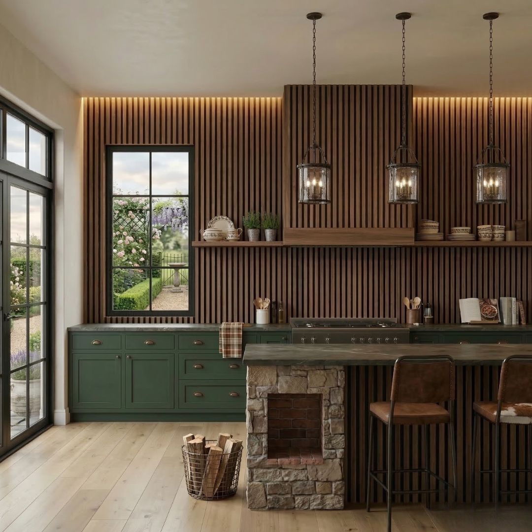 NU Wall Residence medium oak and black waterproof wall panels, pack of 4, showcasing textured wood grain and sleek black accents.