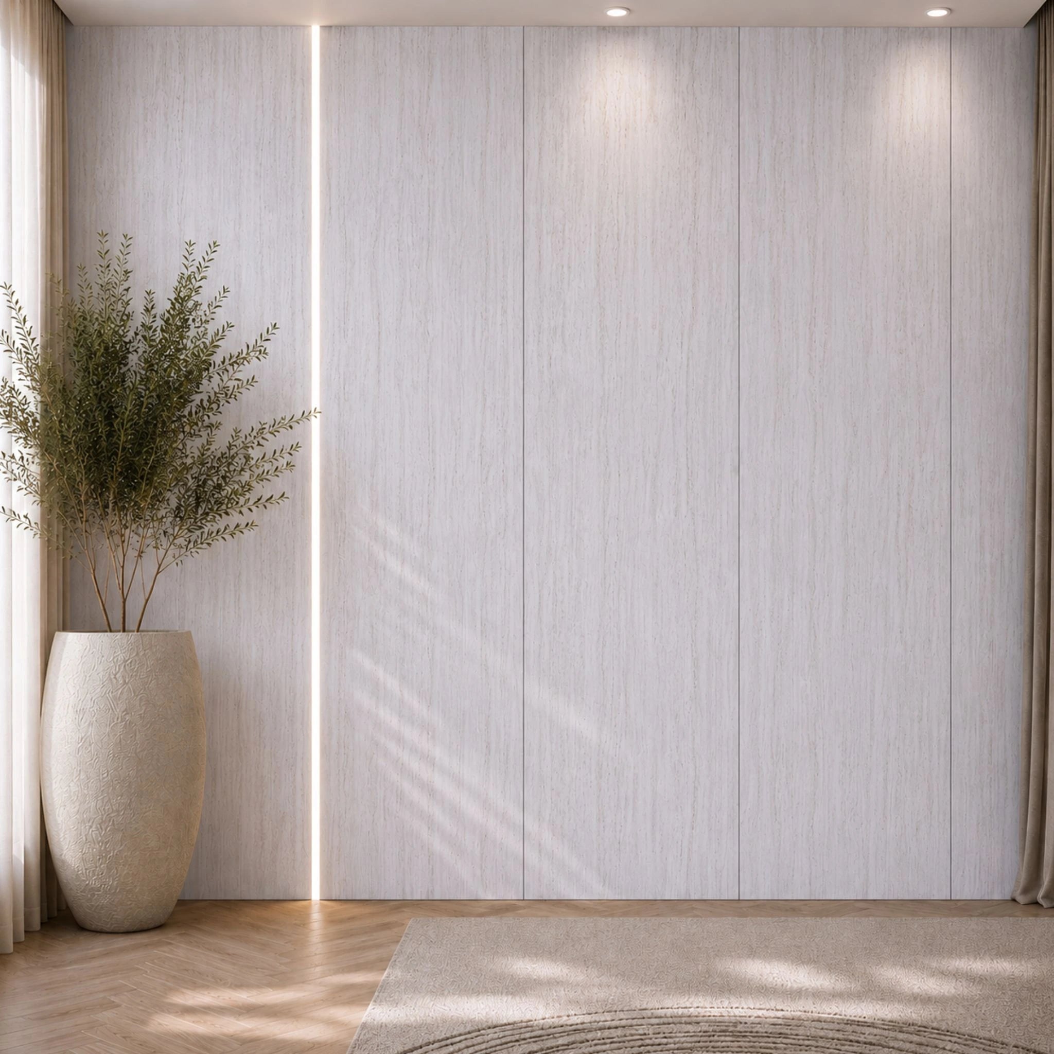 NU Wall Luxe White Washed Travertine Flat Panel wall panel showcasing a smooth, white washed travertine surface for interior decor.