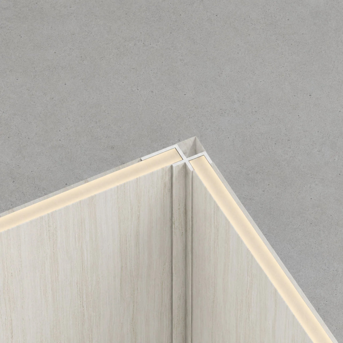 NU Wall internal corner trim in cool beige travertine, WPC joint trim for seamless wall finishing and elegant interior design.