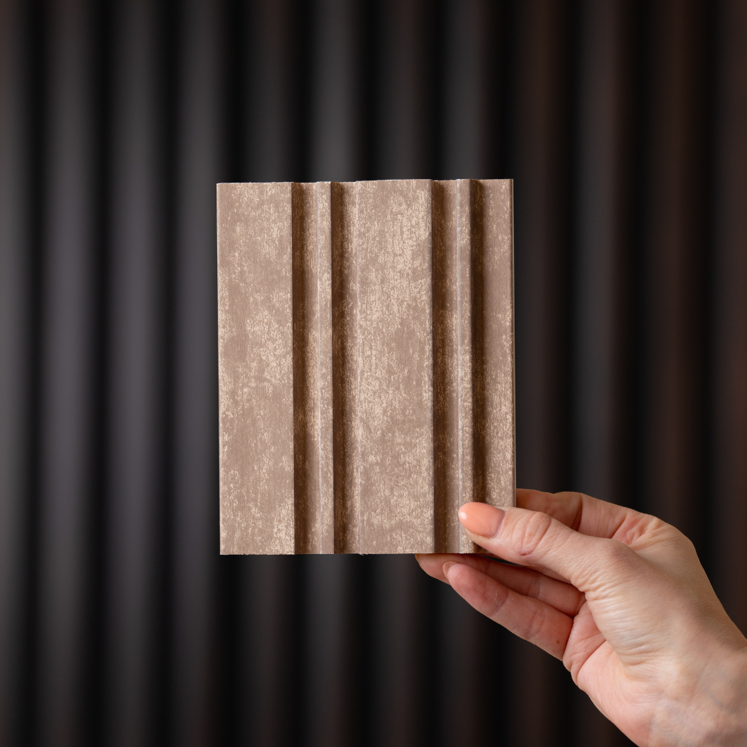 NU Wall Dubai Camel Sand slatted wall panel sample showing textured beige, modern design for interior wall decor.