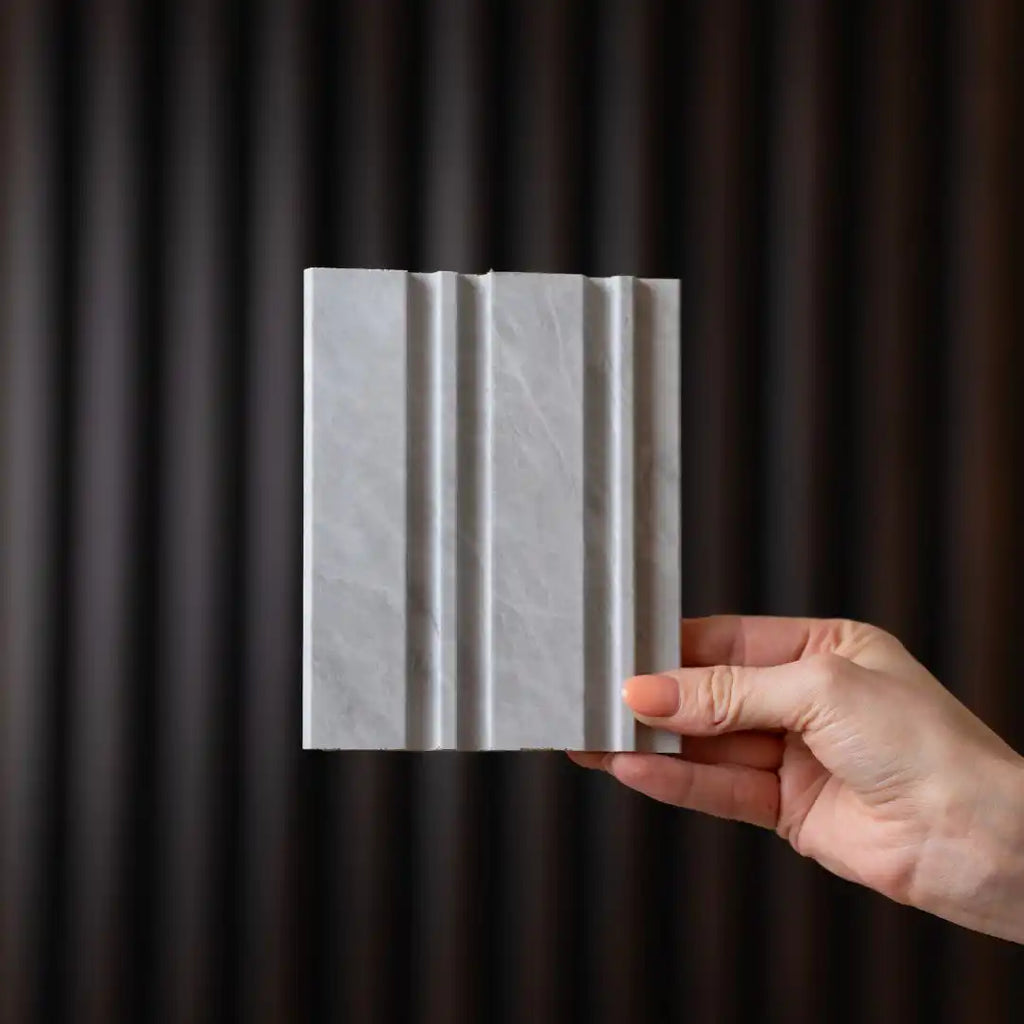 NU Wall Dubai Cloudy Grey slatted wall panels, pack of 4, showcasing modern textured wall decor for interior design.