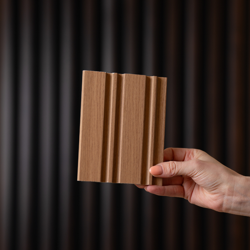 Dubai Natural Oak Slatted Wall Panel Sample by NU Wall showing a sample of light oak wood slats for interior wall decor.