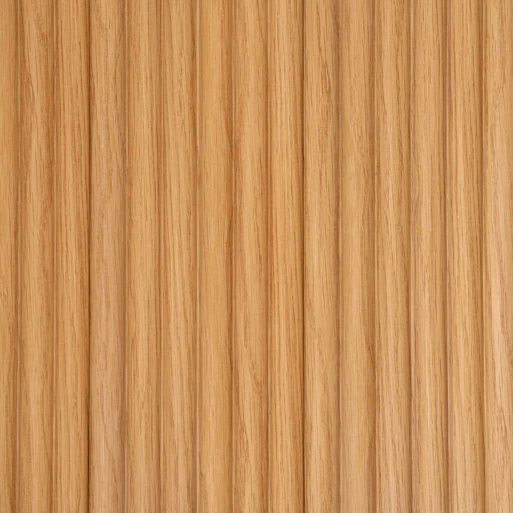 NU Wall Arc Reeded Light Oak Wall Panel pack showing four textured light oak panels with a curved reed design.