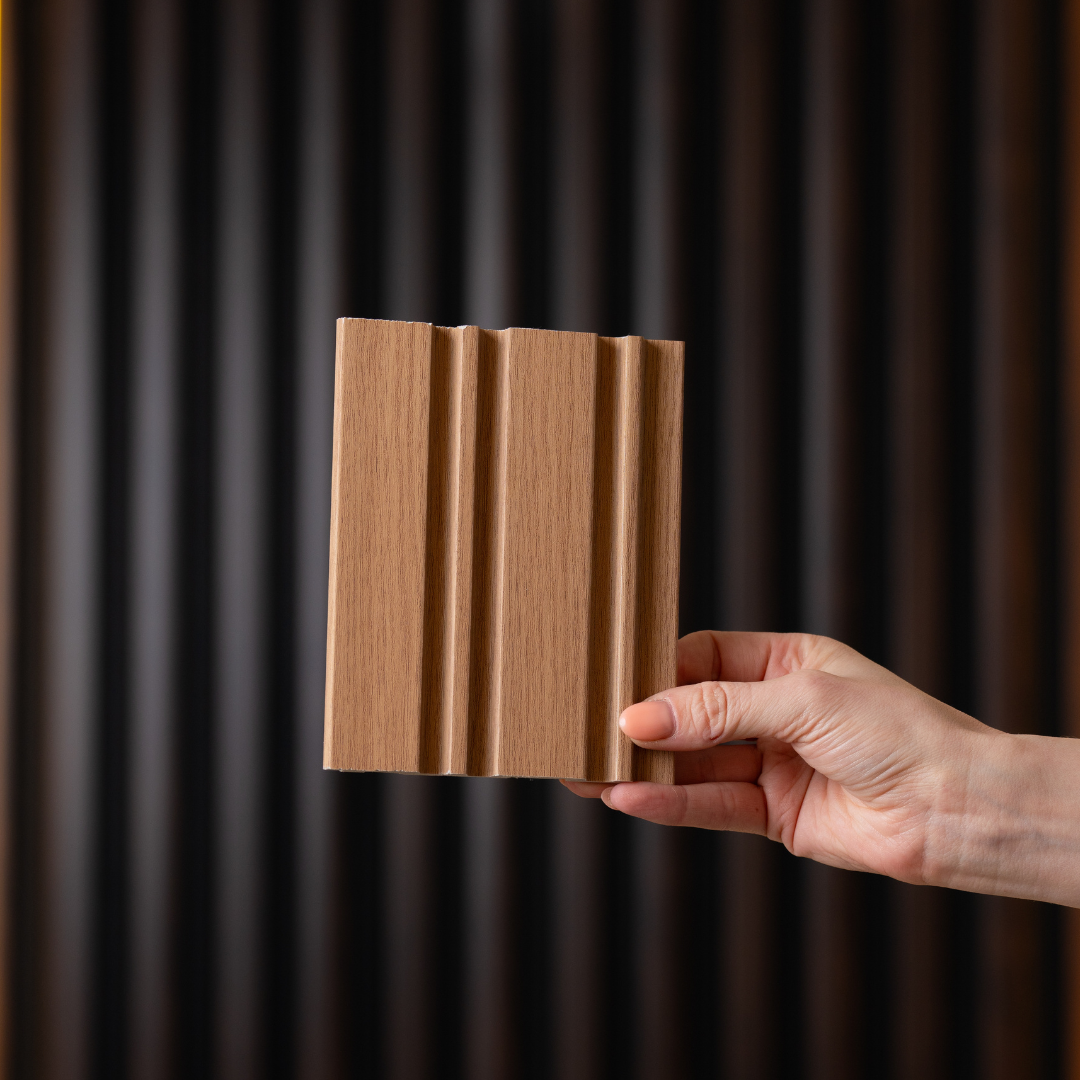 NU Wall Dubai Natural Oak slatted wall panel sample showing light oak wood slats and sample size for interior decor design.
