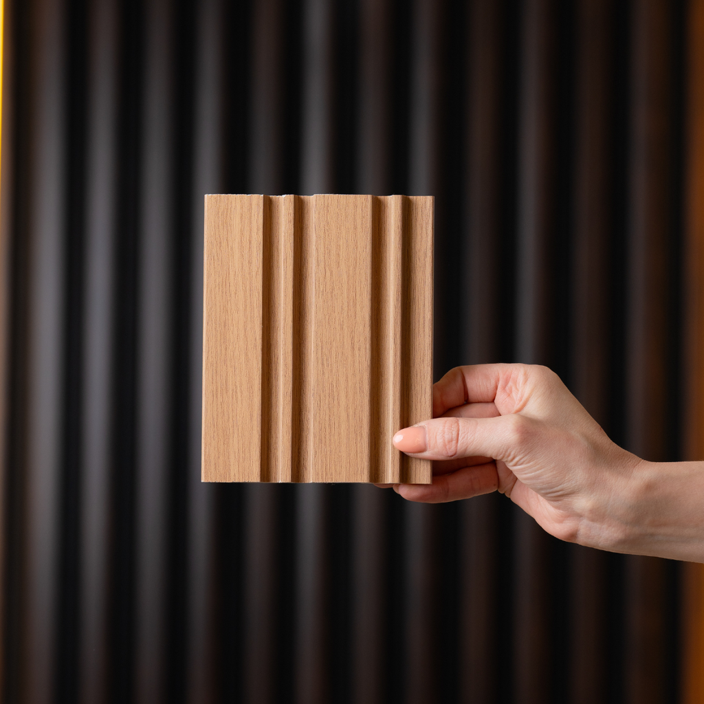 NU Wall Dubai Natural Oak slatted wall panel sample showcasing warm wood tones and modern design for interior decor.