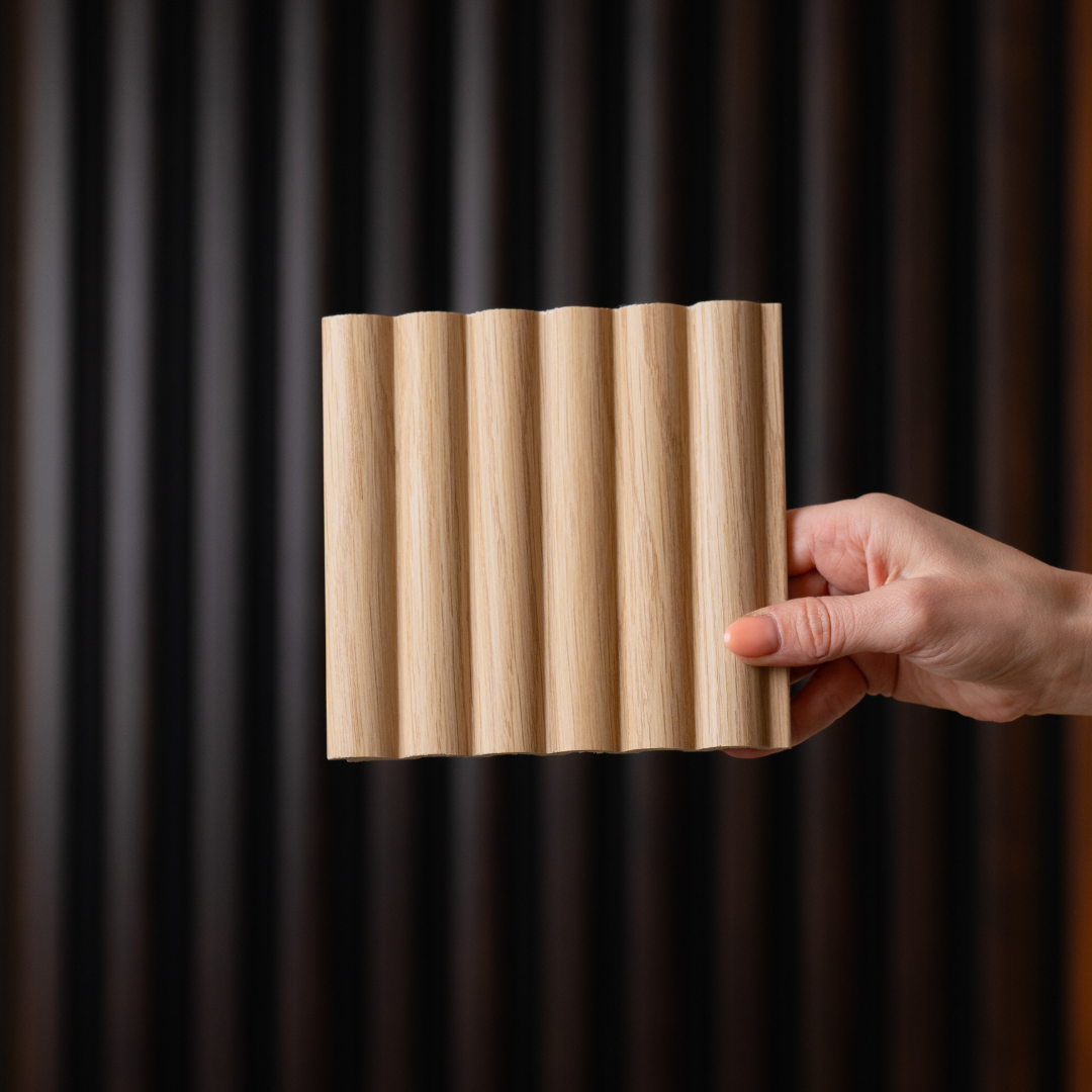 NU Wall Arc Reeded Light Oak wall panel sample showing textured light oak wood grain and reeded design for interior decor.