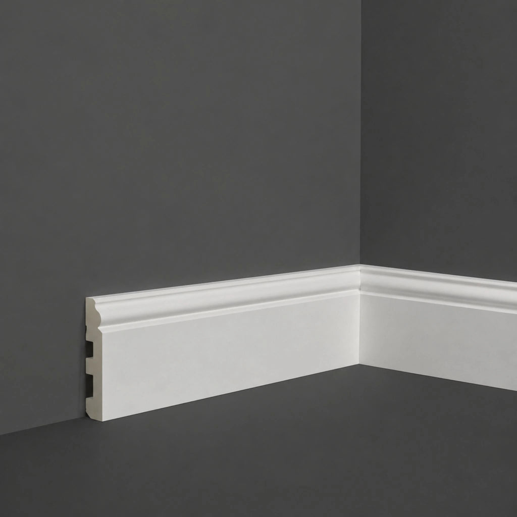 NU Wall Legacy skirting board sample with 100mm length, 100mm width, and 15mm depth showing the wood grain texture.
