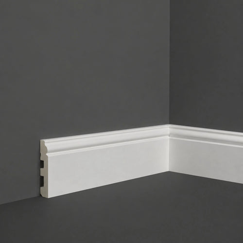 NU Wall Legacy skirting board sample with 100mm length, 100mm width, and 15mm depth showing the wood grain texture.