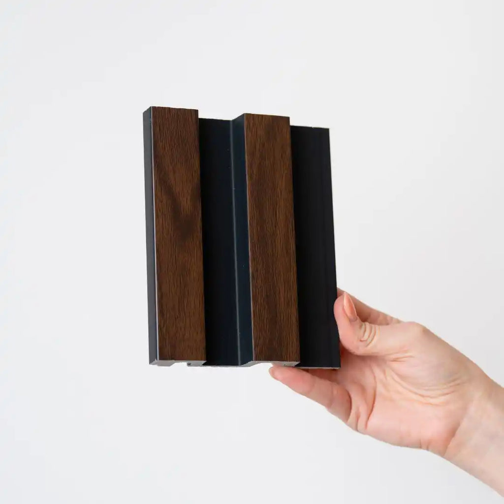 NU Wall Residence dark oak and black slatted wall panels pack of 4, showing sleek wooden and black slatted design for modern interiors.