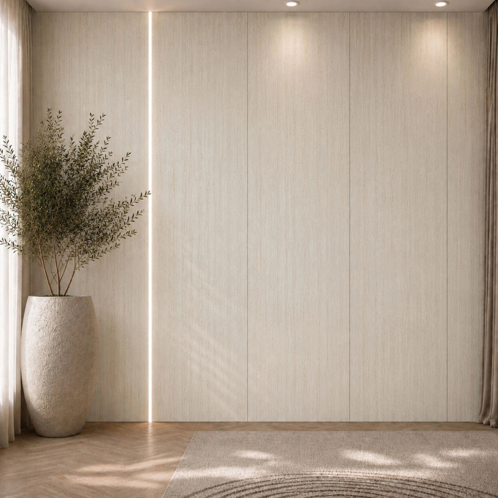 NU Wall Luxe Cool Beige Travertine flat panel wall panel showing textured beige stone surface for interior decor.