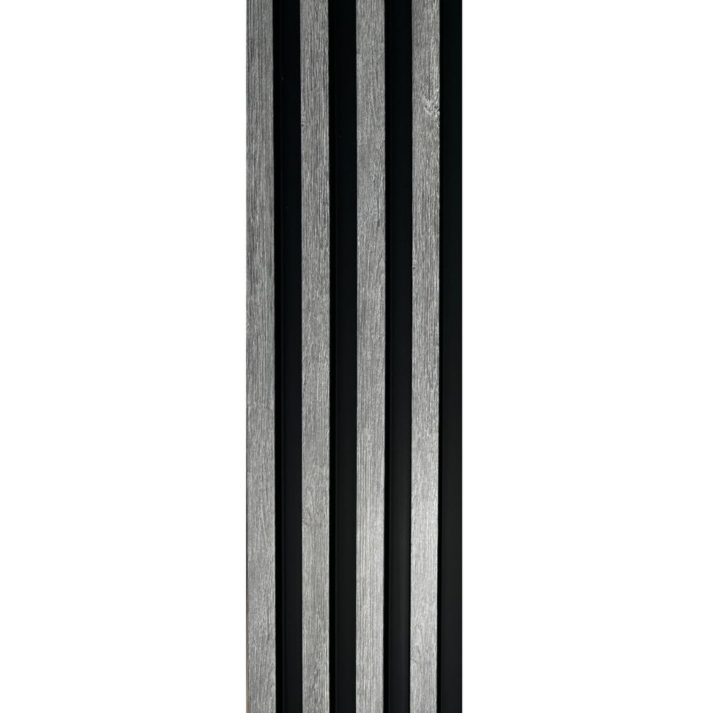 NU Wall Residence grey oak and black waterproof wall panels, pack of 4, with textured wood grain finish and sleek black accents.