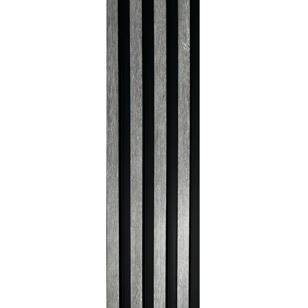 NU Wall Residence grey oak and black waterproof wall panels, pack of 4, with textured wood grain finish and sleek black accents.