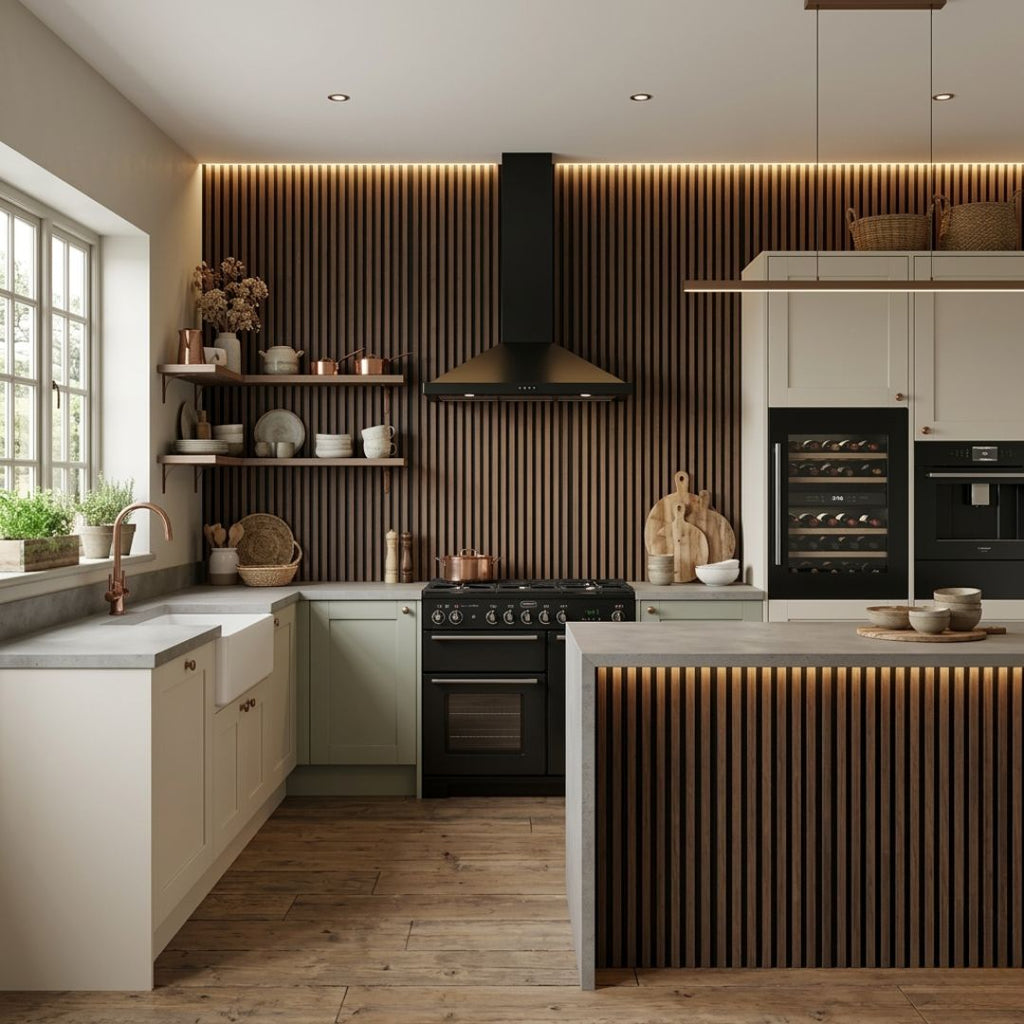 NU Wall Residence dark oak and black waterproof wall panels, pack of 4, showing textured wood grain and sleek black finish.