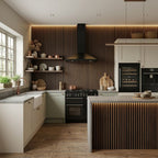 NU Wall Residence dark oak and black waterproof wall panels, pack of 4, showing textured wood grain and sleek black finish.