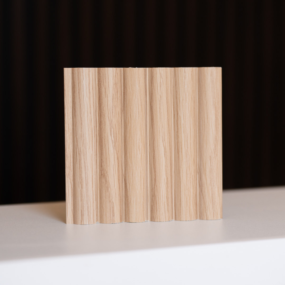 NU Wall Arc Reeded Light Oak wall panel sample showing textured, light oak wood grain for interior wall decor.