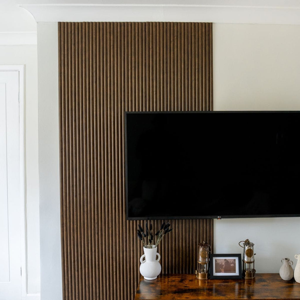 NU Wall Arc Reeded Warm Oak Wall Panels pack of 4 showing textured wood grain and curved reed design for interior wall decor.