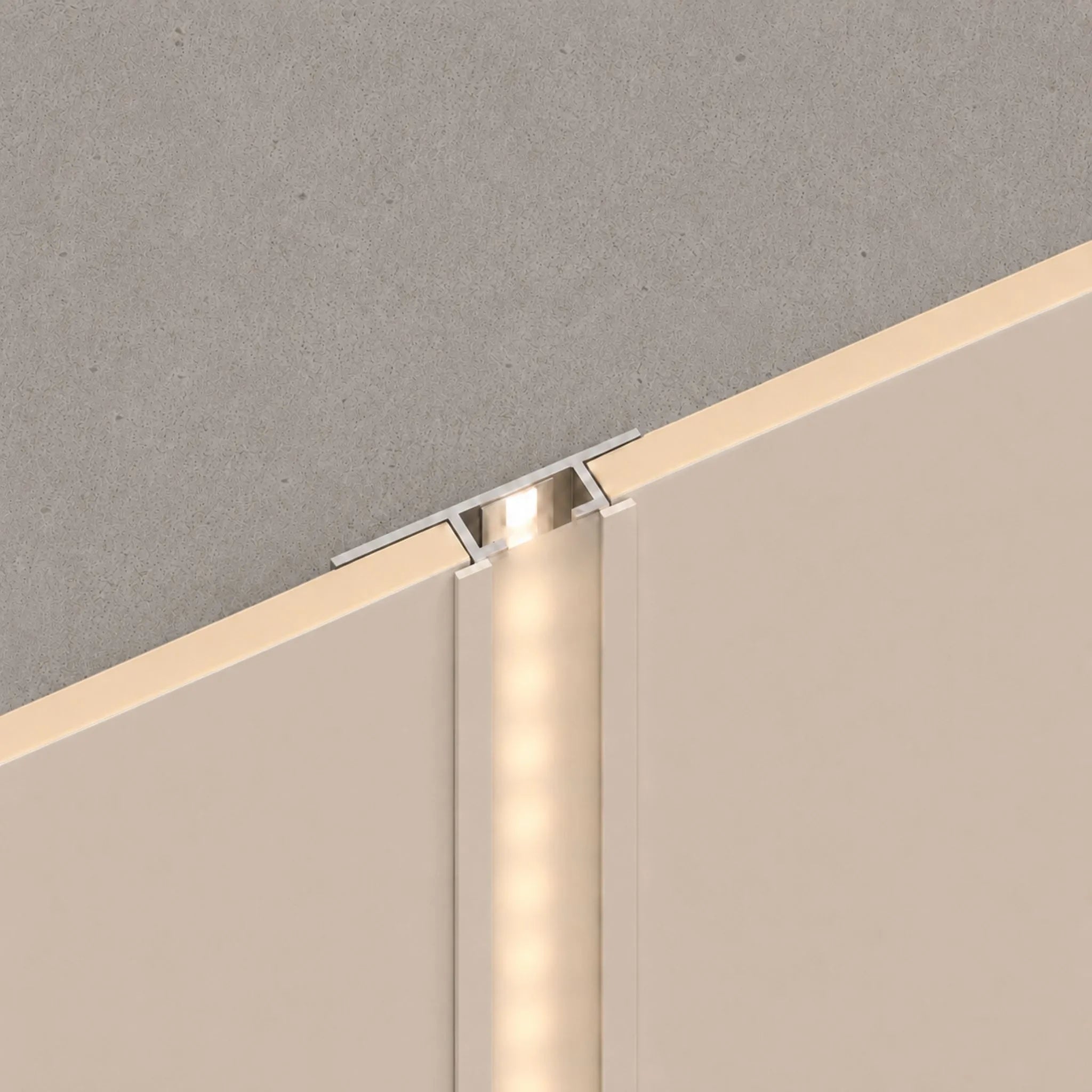 NU Wall LED Joint Trim in Parchment Pearl, WPC joint trim with LED lighting, showcasing a sleek, modern design for wall finishing.