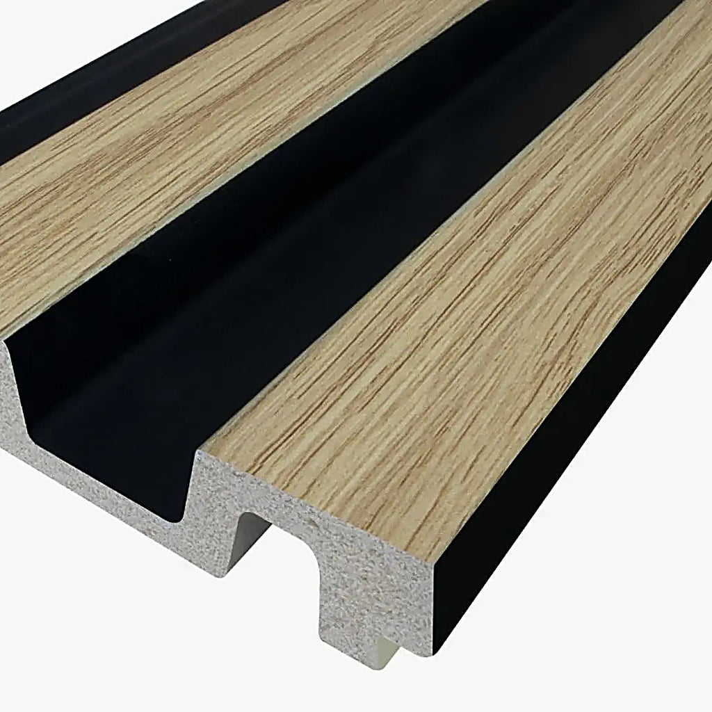 Waterproof polystyrene light oak and black slat wall panelling