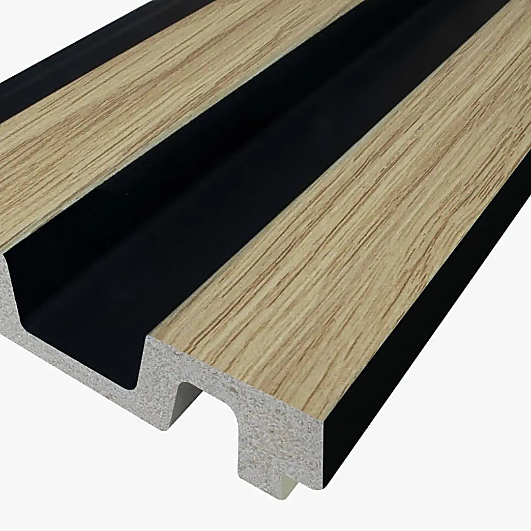 Waterproof polystyrene light oak and black slat wall panelling