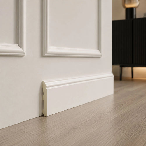 NU Wall Legacy Skirting Board in white, 240cm long, 12cm wide, 1.5cm deep, with smooth finish and decorative edge profile.