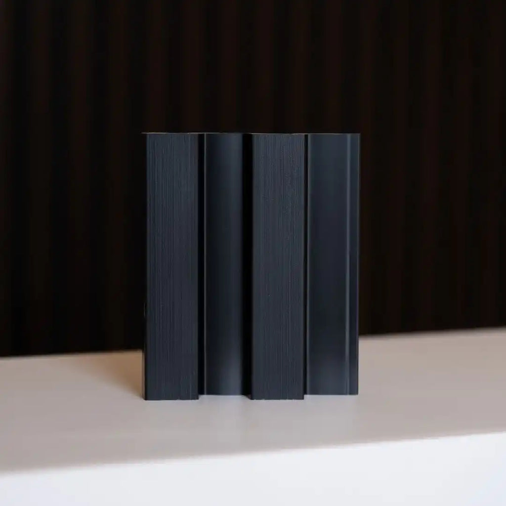 Set of four NU Wall Residence brushed black slatted wall panels, showcasing modern textured wood grain design for interior decor.