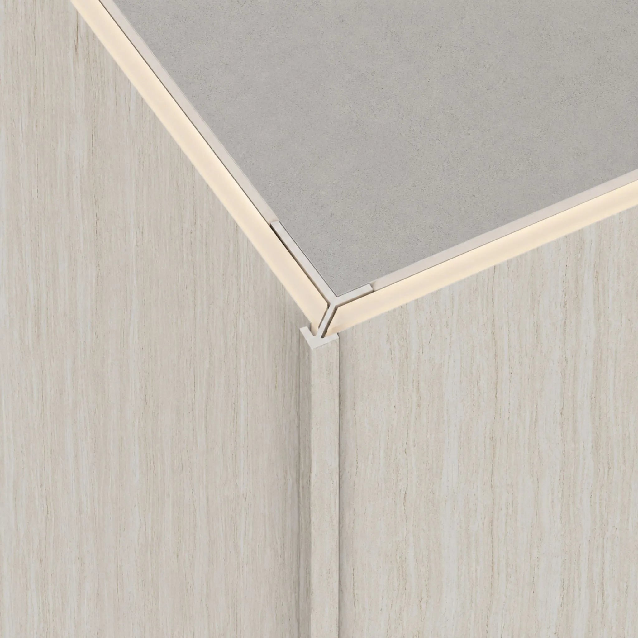 Cool beige travertine WPC external corner trim from NU Wall, designed for seamless edge finishing in interior or exterior spaces.