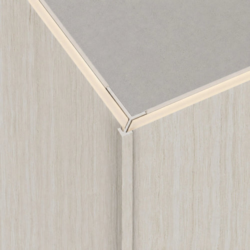 Cool beige travertine WPC external corner trim from NU Wall, designed for seamless edge finishing in interior or exterior spaces.
