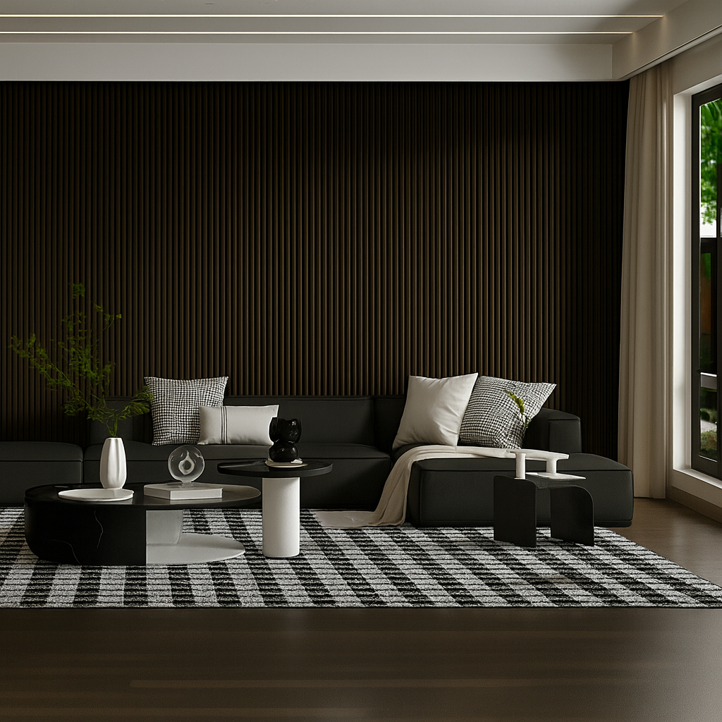 Waterproof polystyrene dark oak and black slat wall panelling Main image