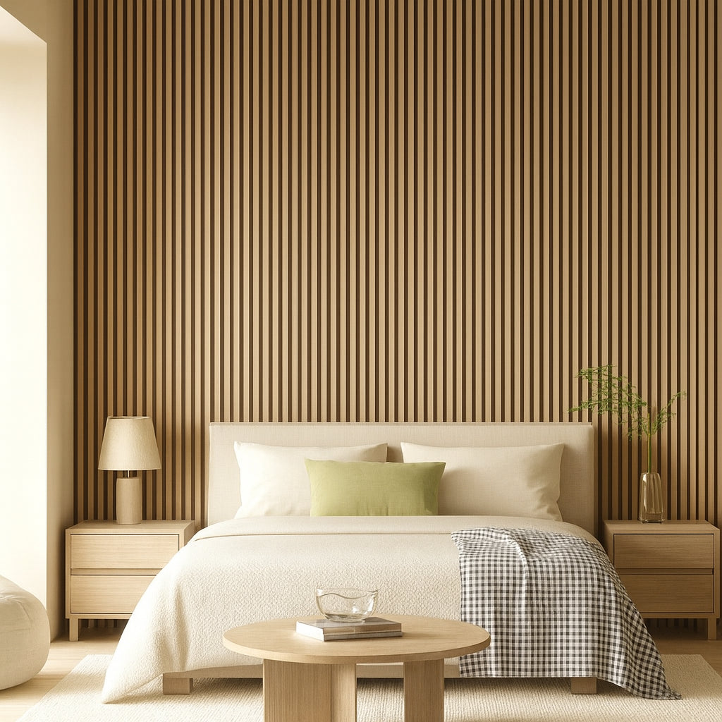 Waterproof polystyrene light oak and black slat wall panelling