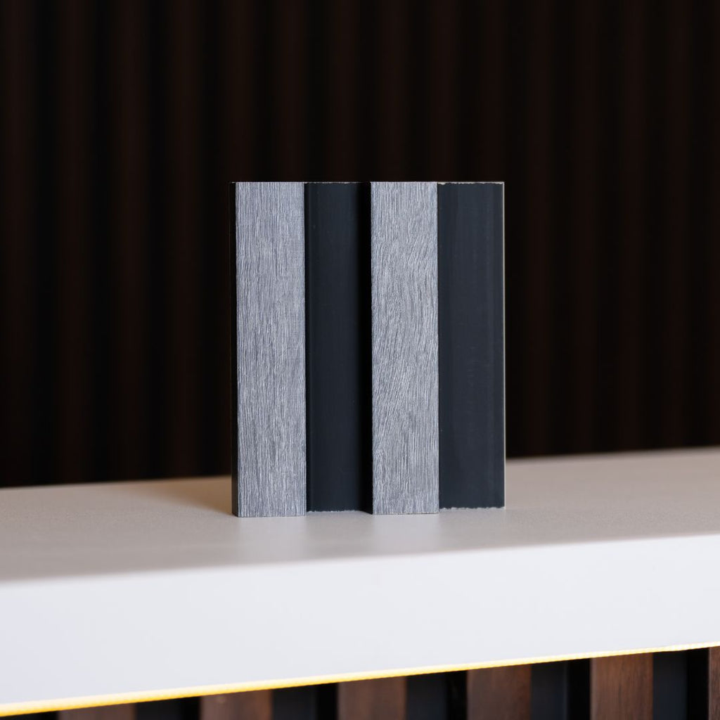 NU Wall Residence grey oak and black slatted wall panels, pack of 4, featuring modern wood and black slat design for interior decor.