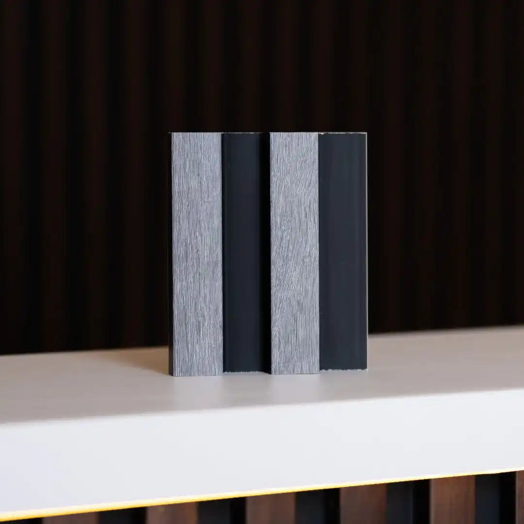 NU Wall Residence grey oak and black slatted wall panels, pack of 4, featuring modern wood and black slat design for interior decor.