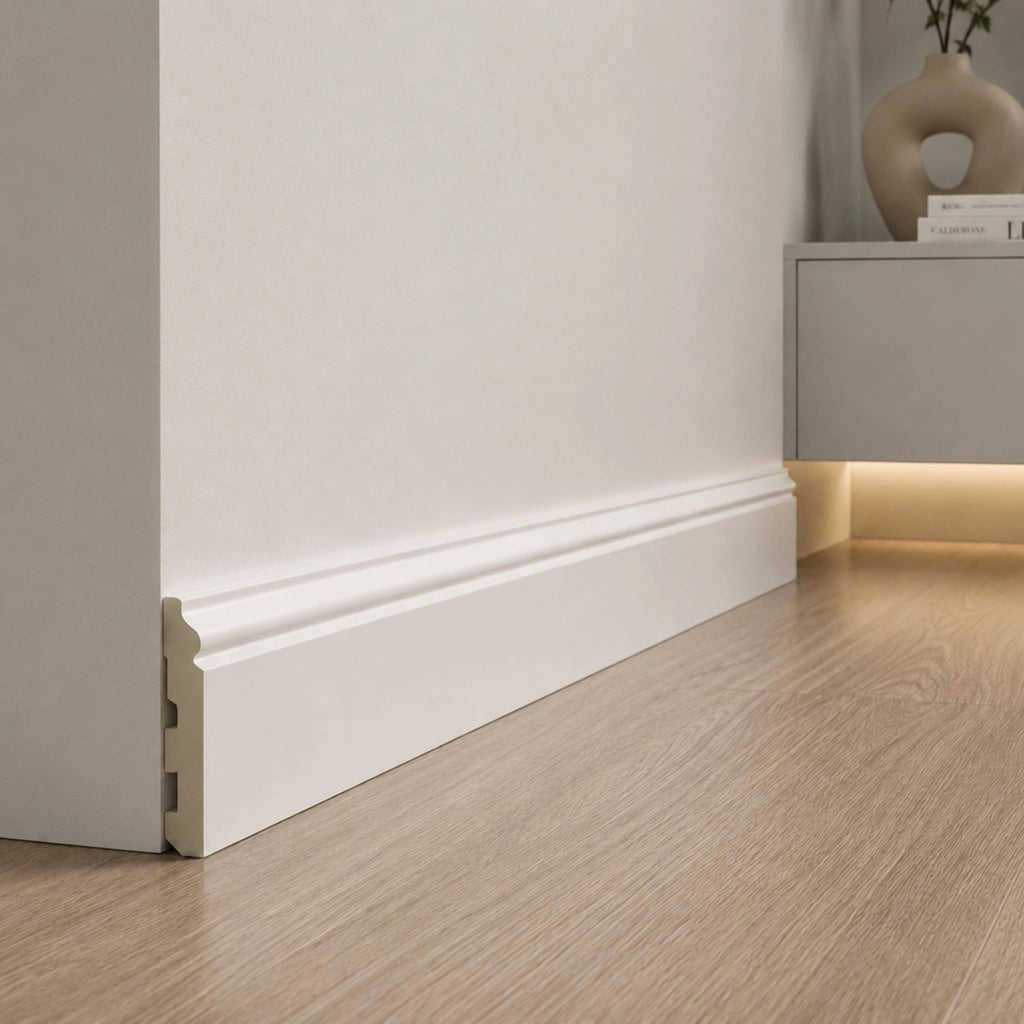 NU Wall Legacy Skirting Board, 240cm long, 10cm wide, 1.5cm deep, with smooth finish for interior wall decoration.