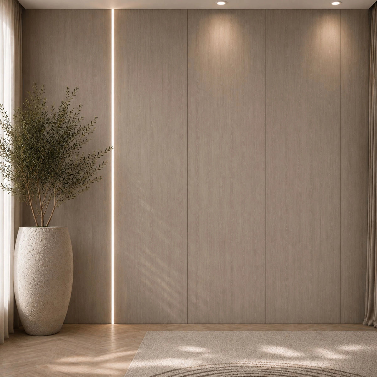 NU Wall Luxe Mink Oak Flat Panel wall panel with a textured, woodgrain finish in warm oak tones, ideal for modern interior decor.