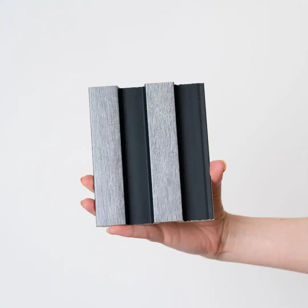 NU Wall Residence grey oak and black slatted wall panels, pack of 4, showcasing modern textured wood design for interior decor.