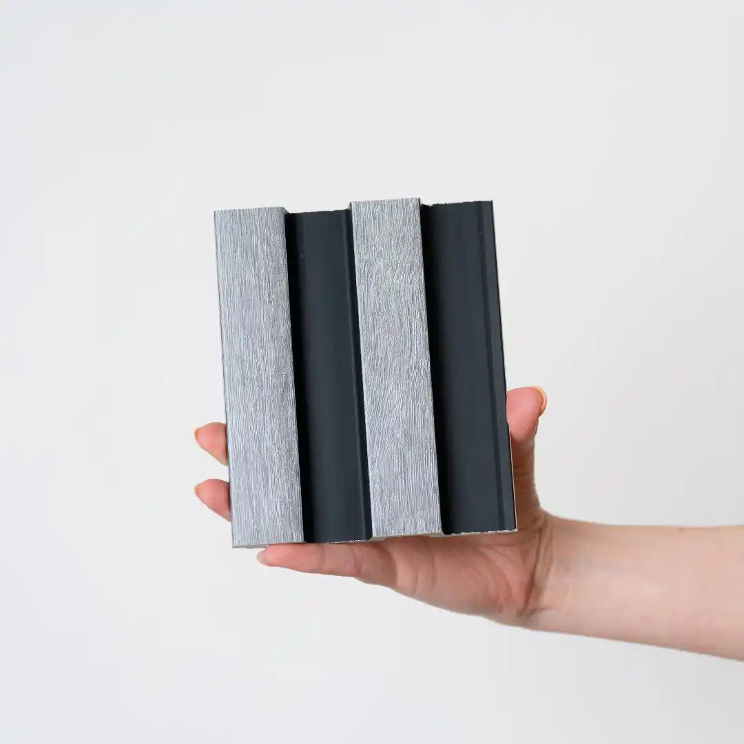 NU Wall Residence grey oak and black slatted wall panels, pack of 4, showcasing modern textured wood design for interior decor.