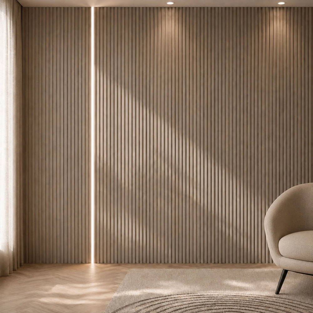 NU Wall Luxe Mink Oak large slatted wall panel featuring sleek wooden slats and a modern, sophisticated design.