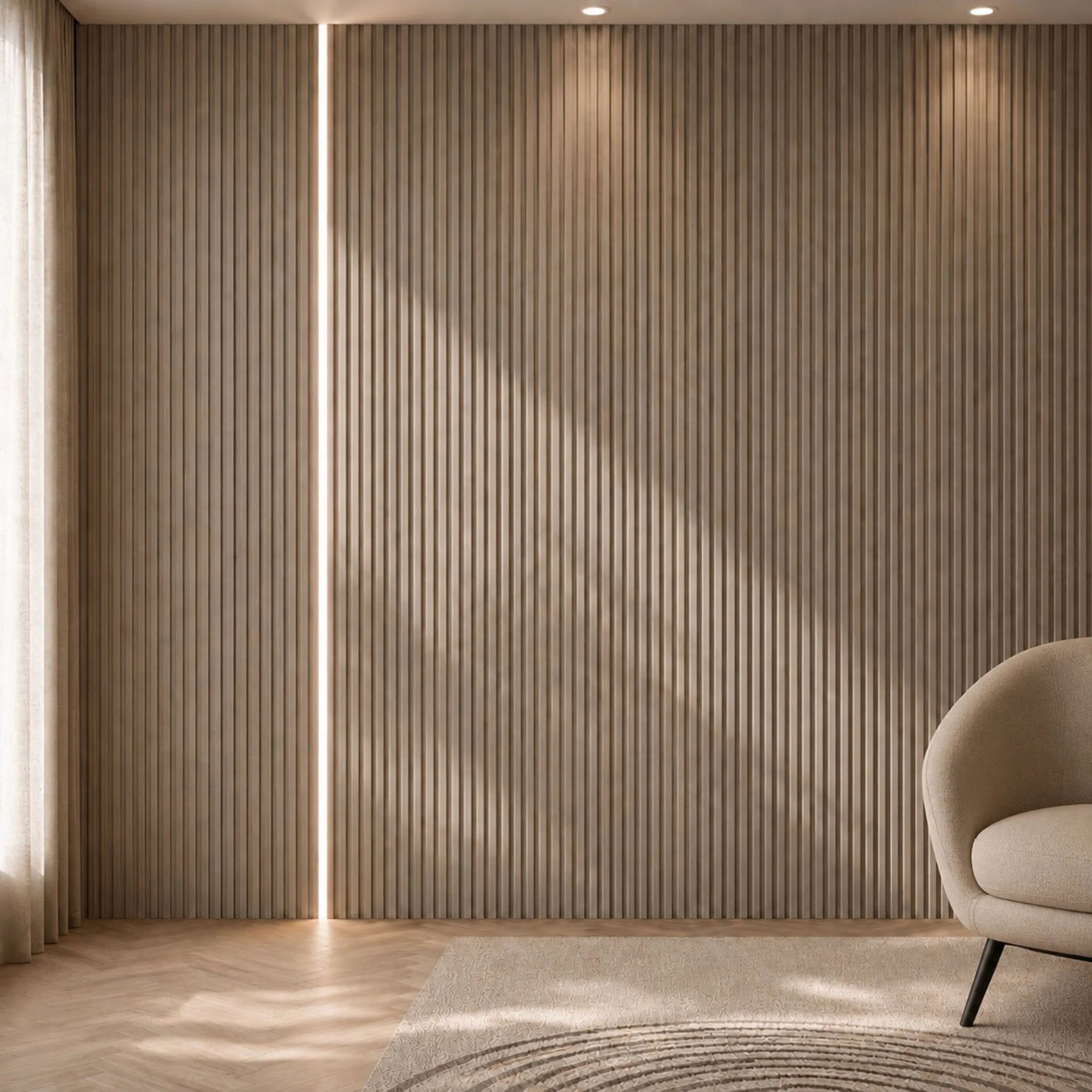 NU Wall Luxe Mink Oak large slatted wall panel featuring sleek wooden slats and a modern, sophisticated design.