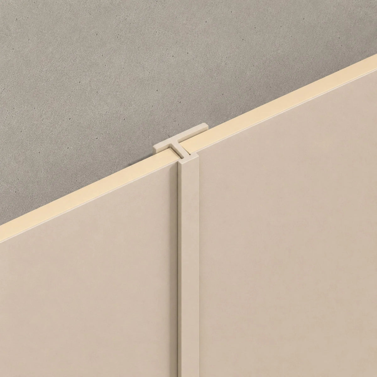 NU Wall Joining Trim Parchment Pearl WPC joint trim for wall finishing, with a smooth parchment pearl finish and decorative edge.