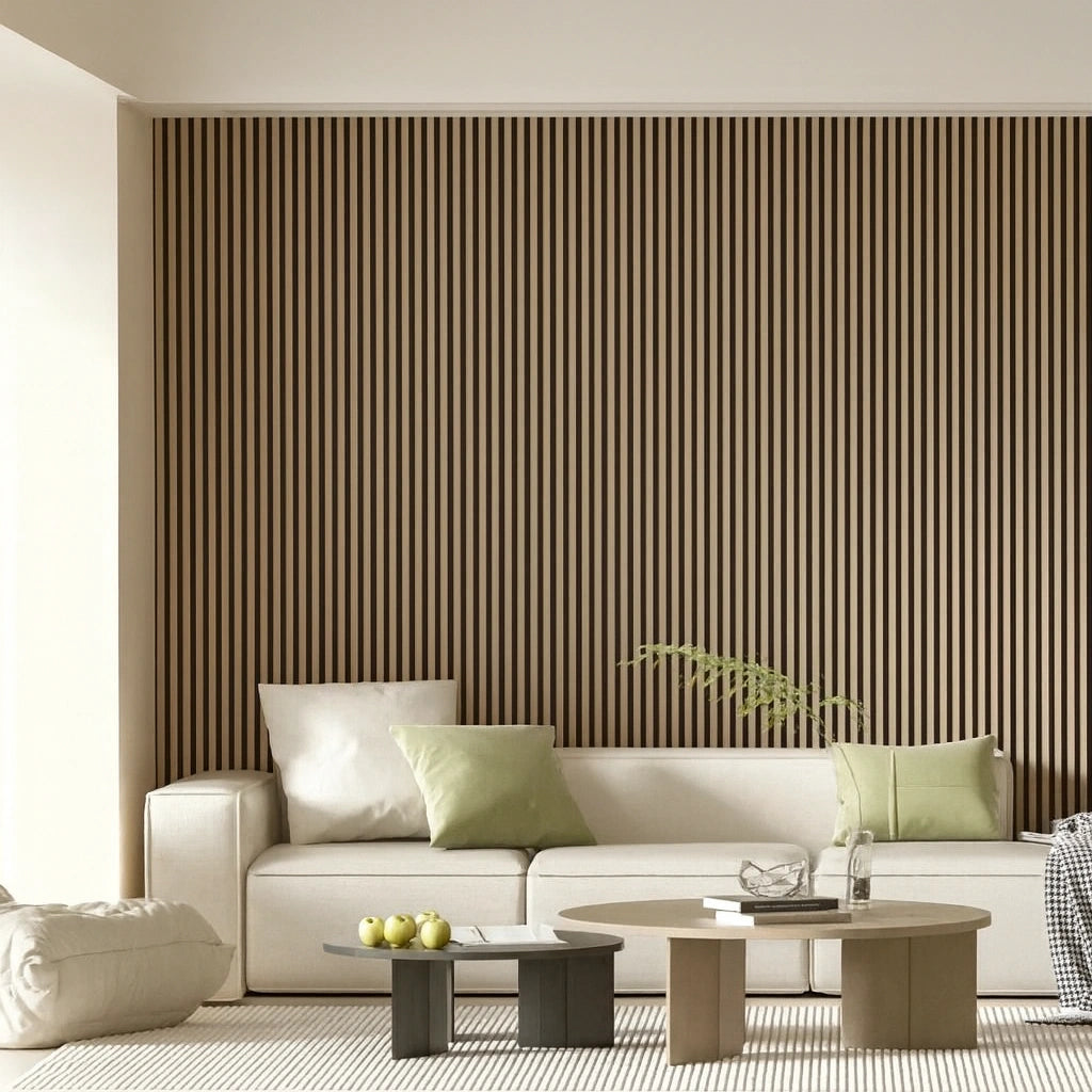 Waterproof polystyrene light oak and black slat wall panelling