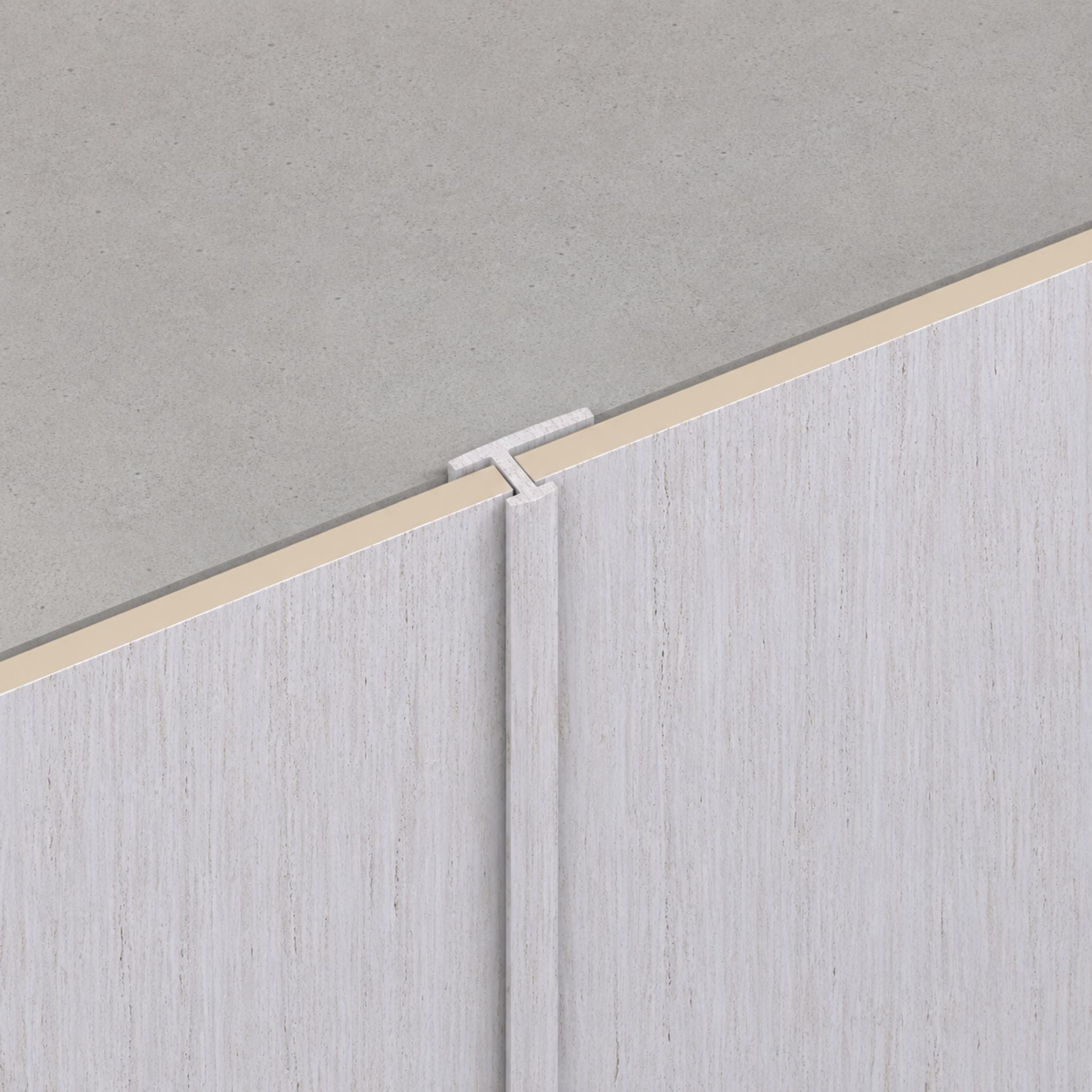 NU Wall white washed travertine WPC joint trim, joining trim for wall or flooring applications with a smooth, elegant finish.