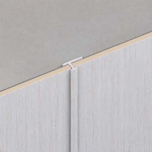 NU Wall white washed travertine WPC joint trim, joining trim for wall or flooring applications with a smooth, elegant finish.