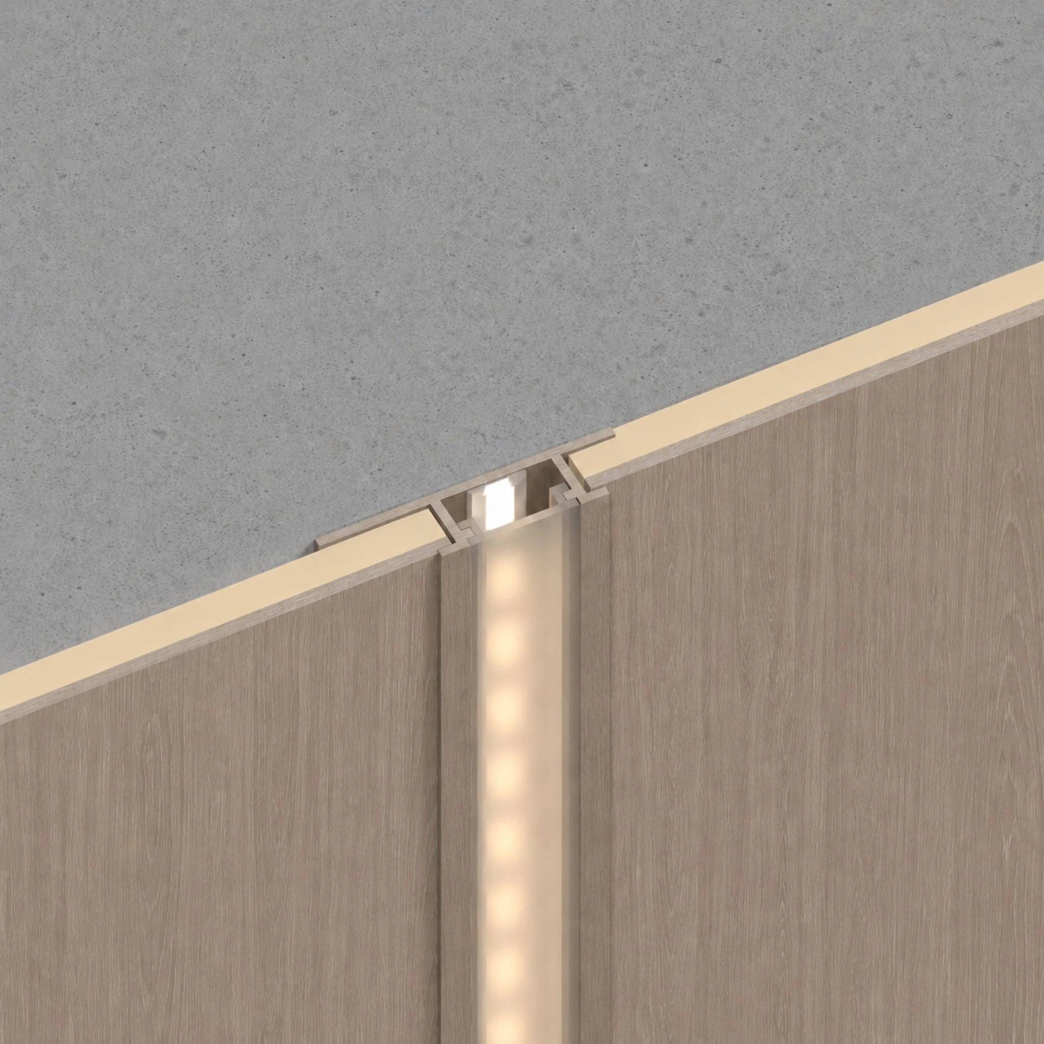 LED Joint Trim Mink Oak from NU Wall WPC Joint Trims, showing a close-up of the sleek, lighted wood-look profile.