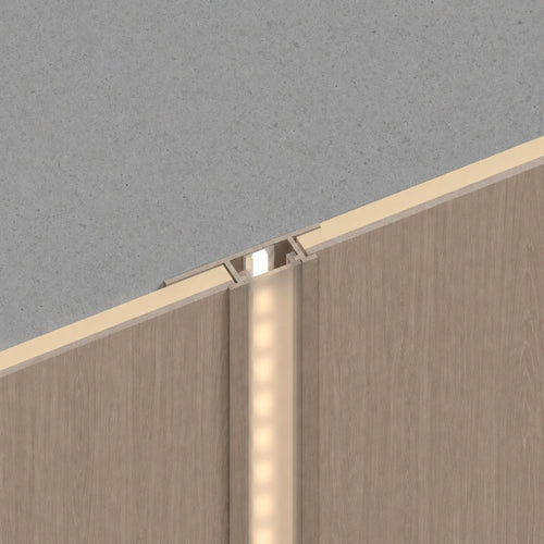 LED Joint Trim Mink Oak from NU Wall WPC Joint Trims, showing a close-up of the sleek, lighted wood-look profile.