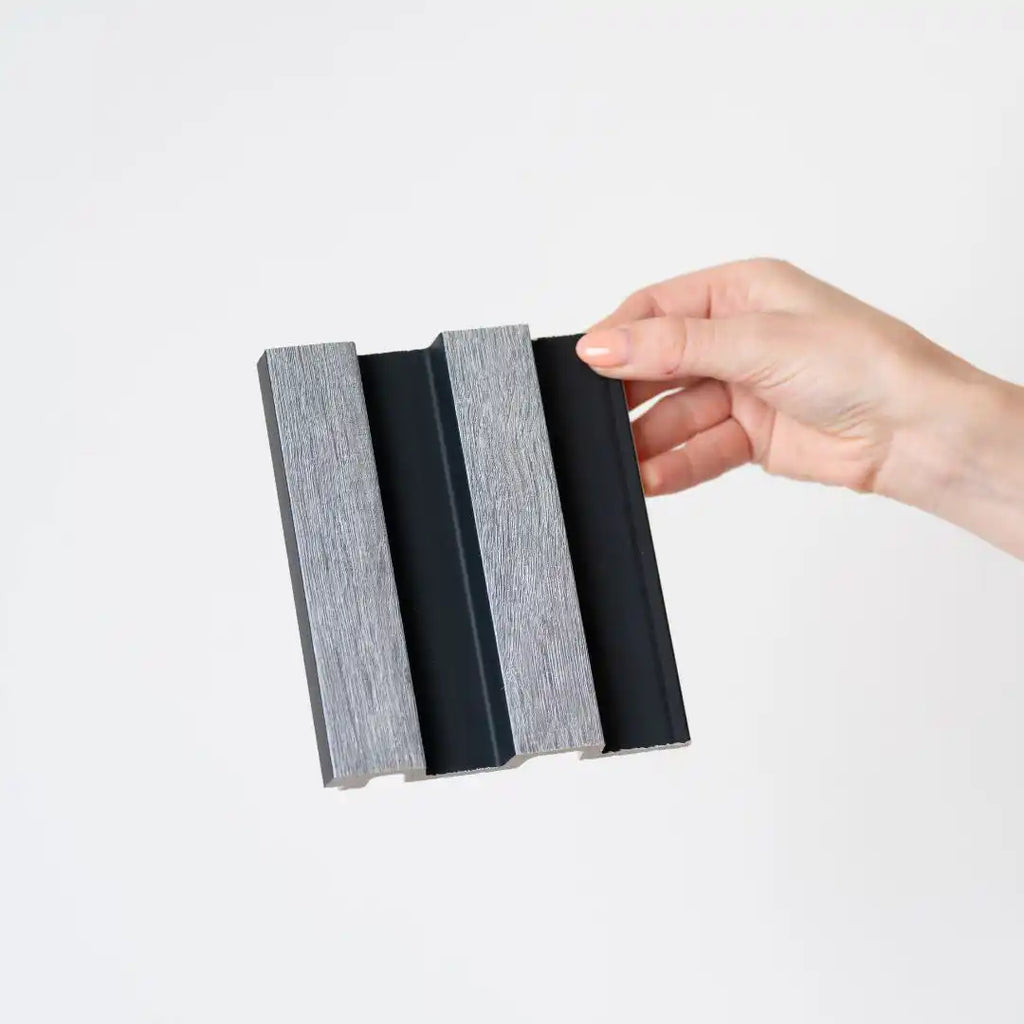 NU Wall Residence grey oak and black slatted wall panels in a pack of four, showing modern wood and black slat design.