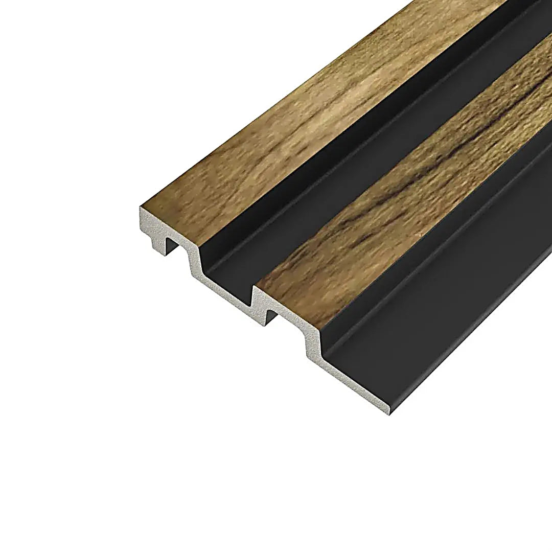 Waterproof polystyrene medium oak and black slat wall panelling