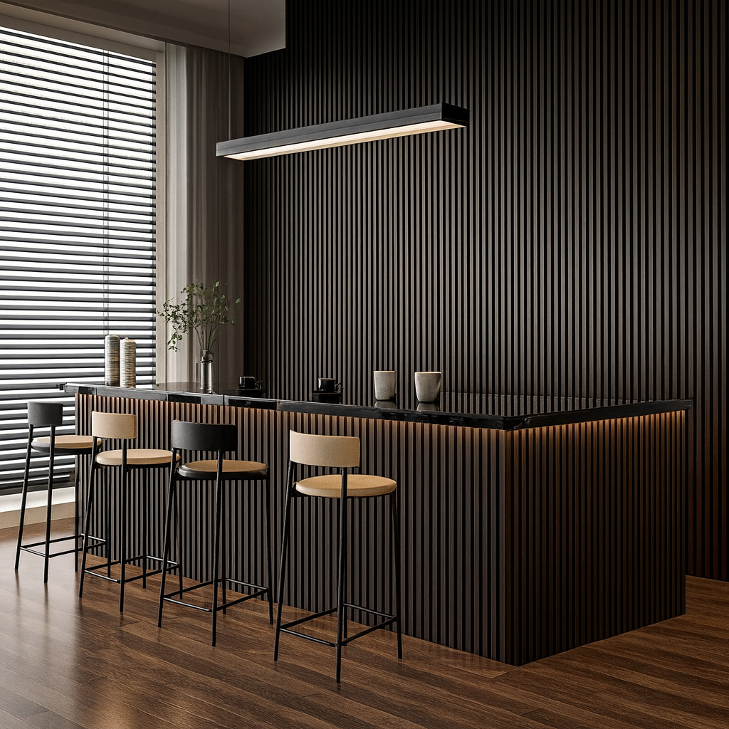 Waterproof polystyrene dark oak and black slat wall panelling