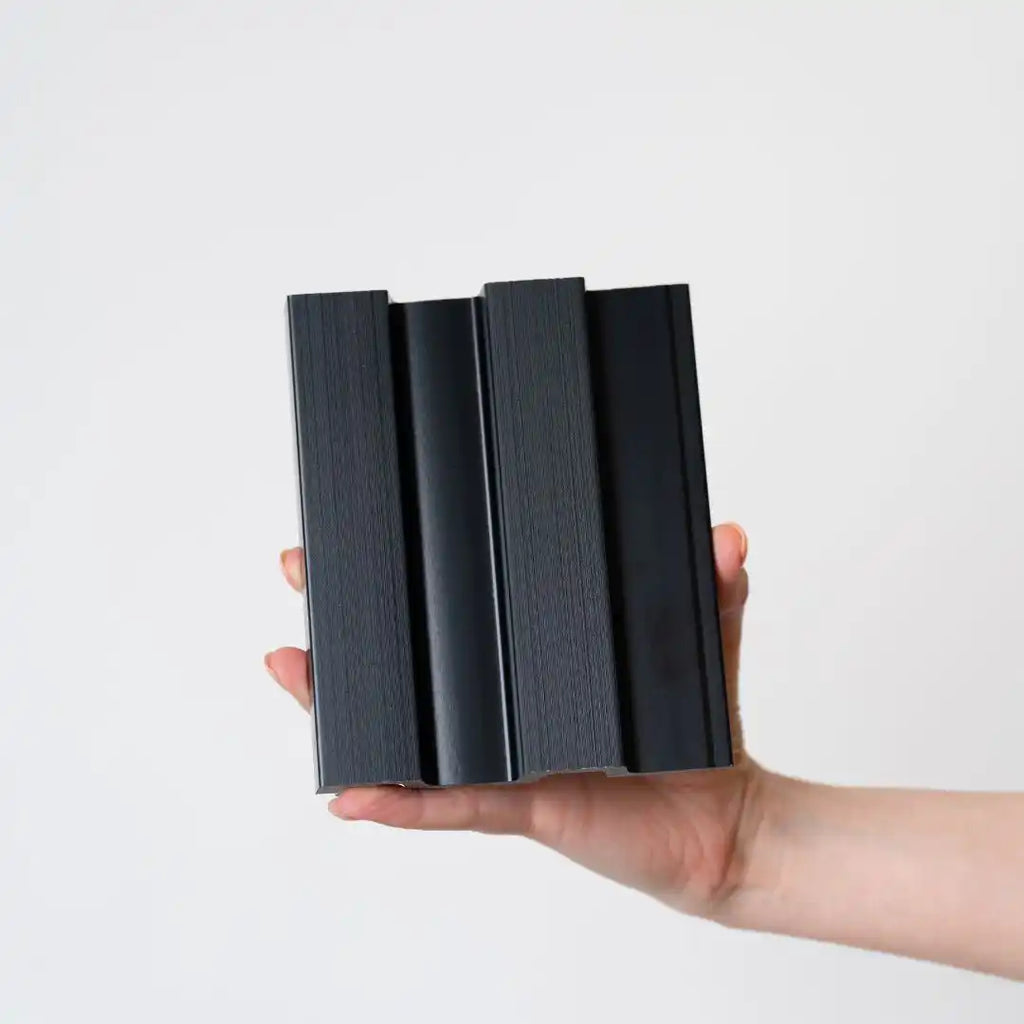 NU Wall Residence brushed black slatted wall panels pack of 4, showing black wooden slats with a sleek brushed finish.